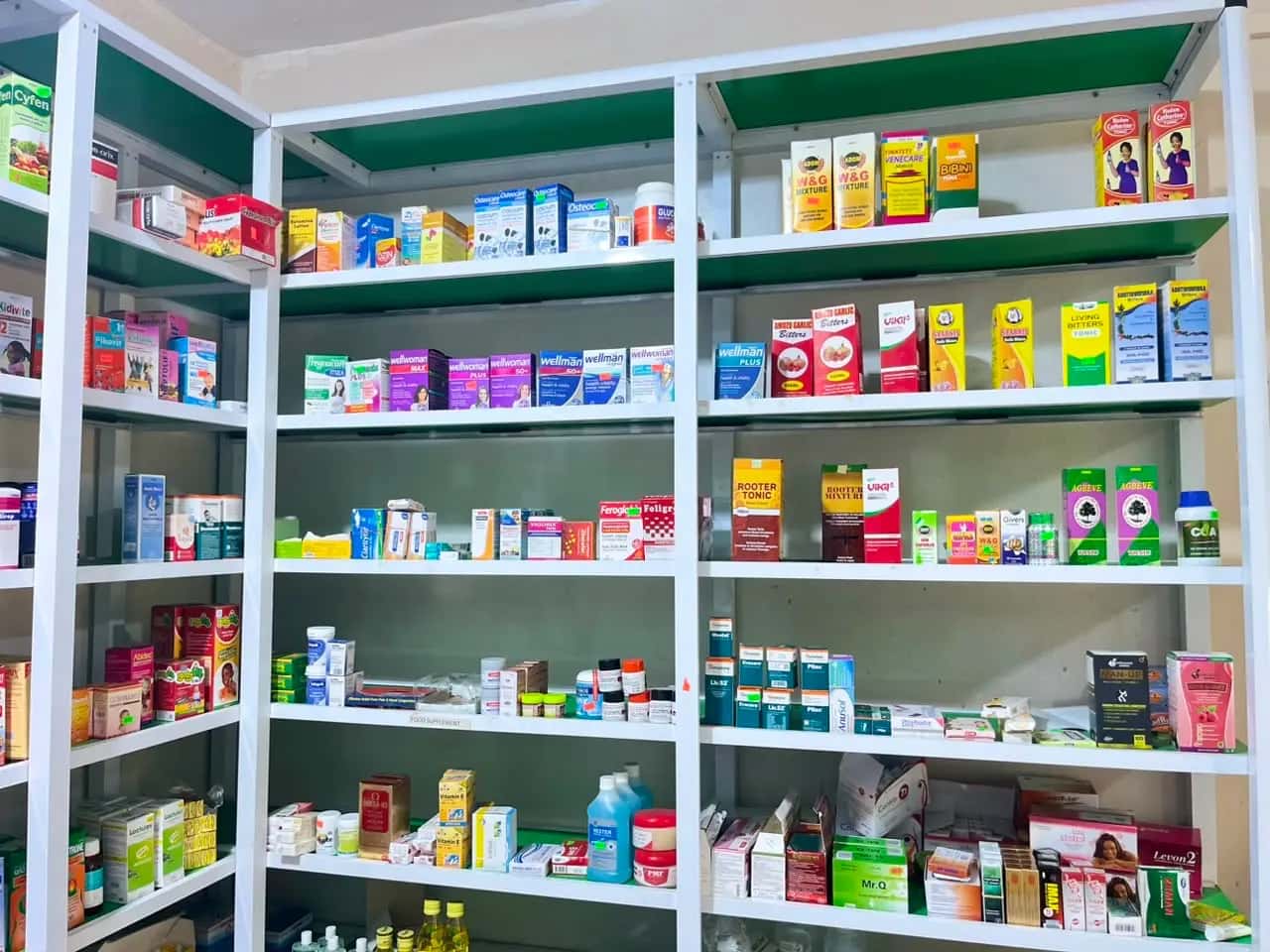 Vitamins, food supplements and herbal tonics on the shelves at Marisca Pharmacy.